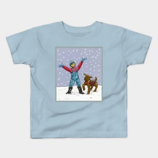 Boy and Dog in Snow Kids T-Shirt